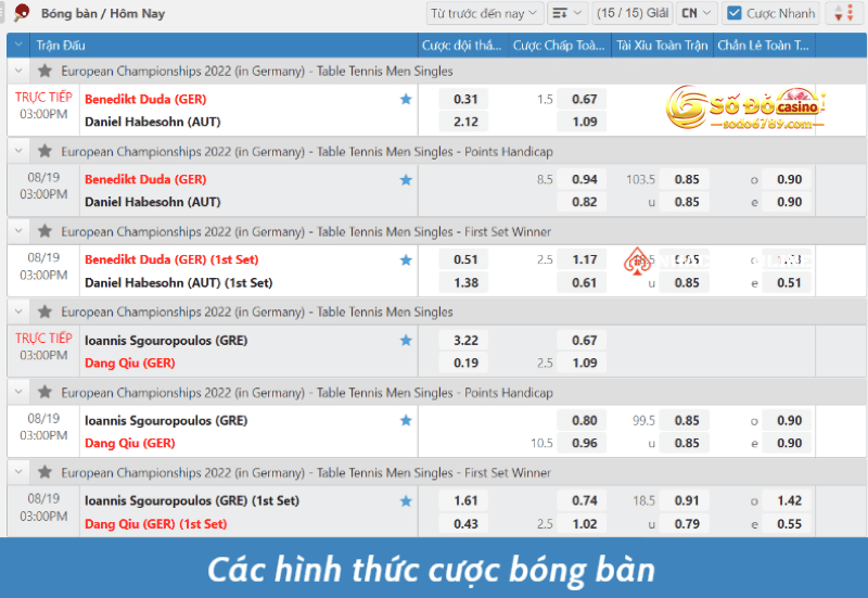 hình thức cược bóng bàn